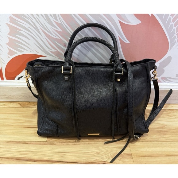 Rebecca Minkoff Black Textured Grain Leather Regan Satchel Shoulder Fringes Bag - Picture 10 of 12